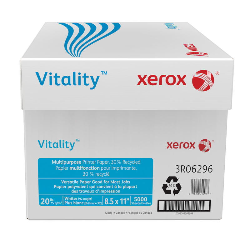 Xerox Vitality Multi-Use Printer & Copy Paper, White, Letter (8.5in x 11in), 5000 Sheets Per Case, 20 Lb, 92 Brightness, 30% Recycled, FSC Certified, Case Of 10 Reams MPN:3R06296