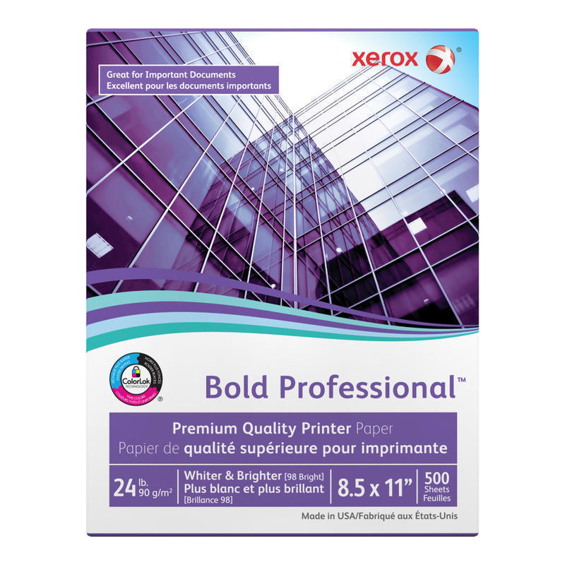Xerox Bold Professional Premium Quality Printer Paper, Letter Size (8 1/2in x 11in), 98 (U.S.) Brightness, 24 Lb, FSC Certified, Ream Of 500 sheets (Min Order Qty 7) MPN:3R13038