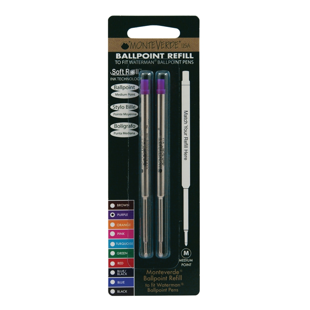 Monteverde Ballpoint Refills For Waterman Ballpoint Pens, Medium Point, 0.7 mm, Purple, Pack Of 2 Refills MPN:W132PL