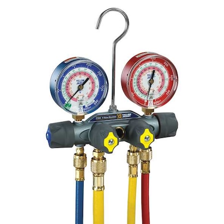 Mechanical Manifold Gauge Set, 4 Valve, 4 Hoses, Vacuum Port Size 3/8 in MPN:49967