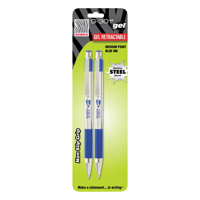 Zebra Pen G-301 Retractable Gel Pens, Pack Of 2, Medium Point, 0.7 mm, Silver Barrel, Blue Ink MPN:41322