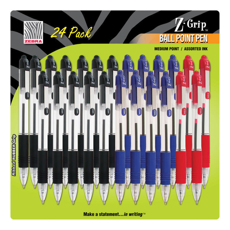 Zebra Pen Z-Grip Retractable Ballpoint Pens, Pack Of 24, Medium Point, 1.0 mm, Translucent Barrel, Assorted Ink Colors MPN:12224