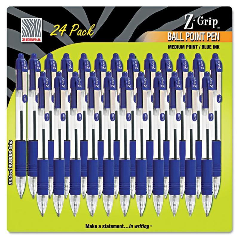 Zebra Pen Z-Grip Retractable Ballpoint Pens, Pack Of 24, Medium Point, 1.0 mm, Blue Barrel, Blue Ink MPN:12225