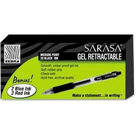 Zebra Sarasa Gel Retractable Pen Medium 0.7mm Black Ink 20/Pack + 4 Bonus Pens 14680
