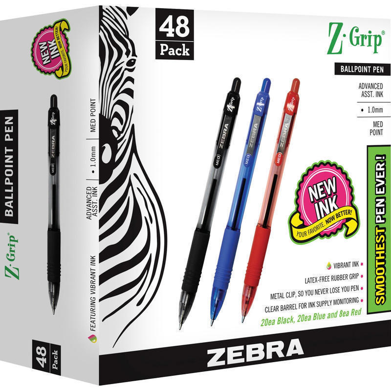 Zebra Pen Z-Grip Retractable Ballpoint Pens - Medium Pen Point - 1 mm Pen Point Size - Retractable - Assorted - Clear Plastic Barrel - 48 / Pack MPN:22048