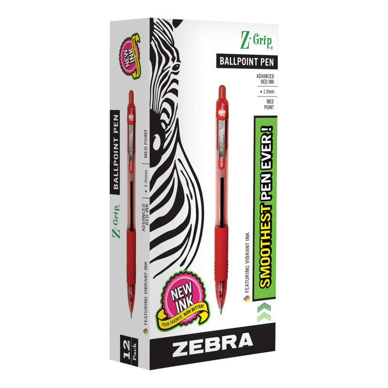Zebra Pen Z-Grip Retractable Ballpoint Pens, Pack Of 12, Medium Point, 1.0 mm, Red Barrel, Red Ink MPN:22230