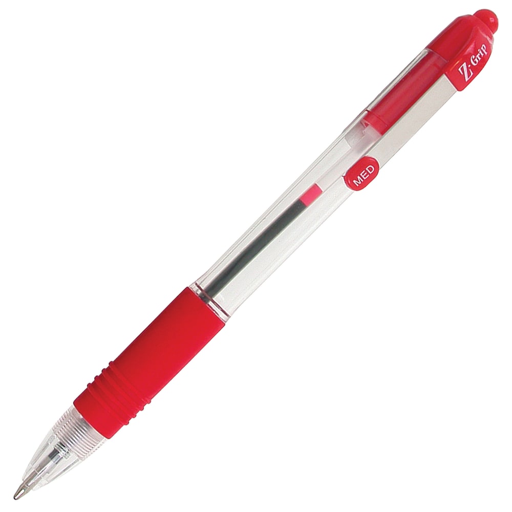 Zebra Pen Z-Grip Retractable Ballpoint Pens, Pack Of 12, Medium Point, 1.0 mm, Clear Barrel, Red Ink MPN:22230D