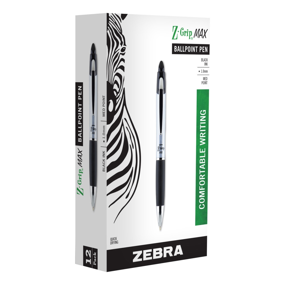 Zebra Pen Z-Grip Max Retractable Ballpoint Pens, Pack Of 12, Medium Point, 1.0 mm, Silver Barrel, Black Ink MPN:22410