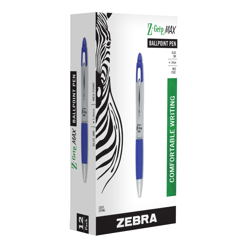 Zebra Pen Z-Grip Max Retractable Ballpoint Pens, Pack Of 12, Medium Point, 1.0 mm, Gray/Blue Barrel, Blue Ink MPN:22420