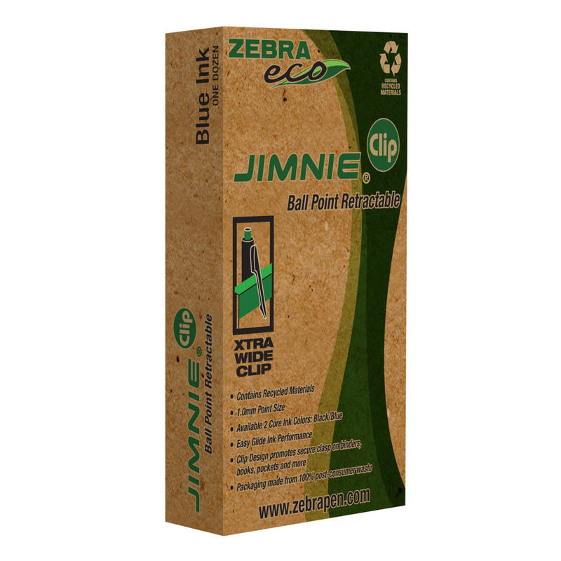 Zebra Pen Eco Jimnie Clip Retractable Ballpoint Pens, Pack Of 12, Medium Point, 1.0 mm, Blue Barrel, Blue Ink MPN:22520
