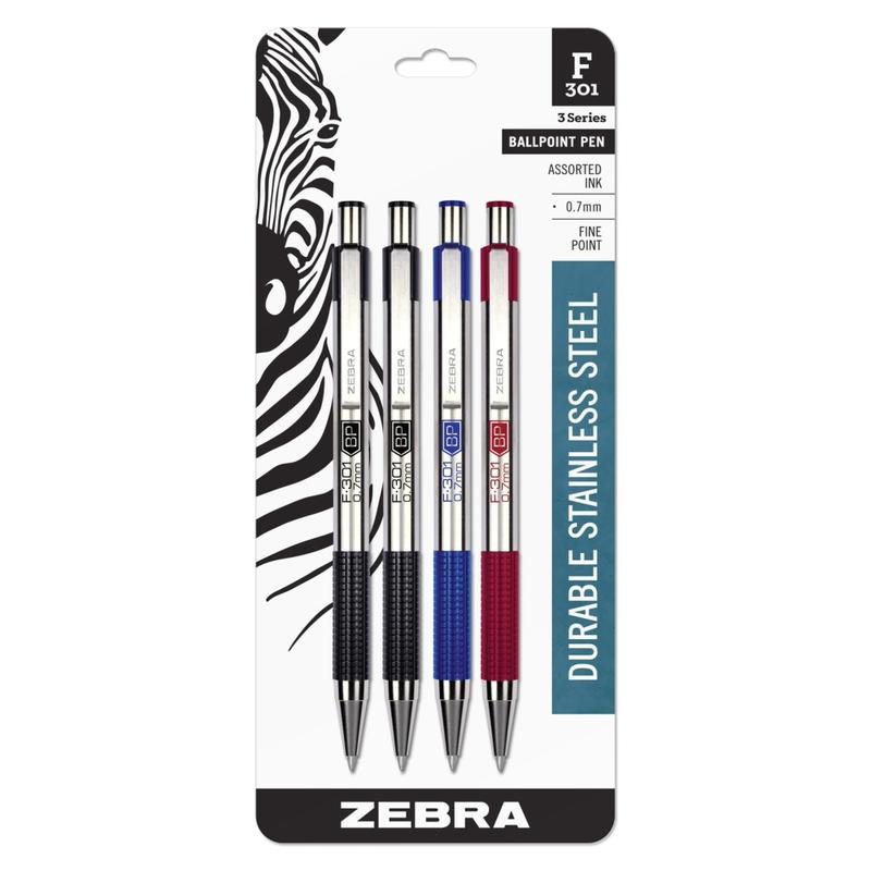 Zebra Pen F-301 Stainless Steel Retractable Ballpoint Pens, Pack Of 4, Fine Point, 0.7 mm, Silver Barrel, Assorted Ink Colors MPN:27104
