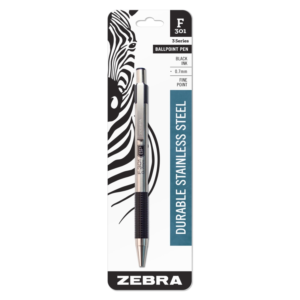 Zebra Pen F-301 Stainless Steel Retractable Ballpoint Pen, Fine Point, 0.7 mm, Black Ink MPN:27111