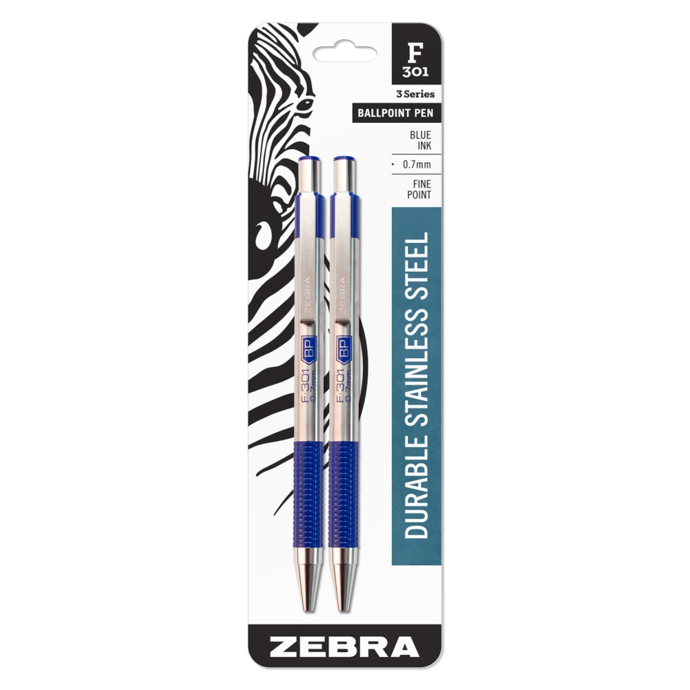 Zebra Pen BCA F-301 Ballpoint Pens, Fine Point, Stainless Steel Barrel, Blue Ink, Pack Of 2 MPN:27122