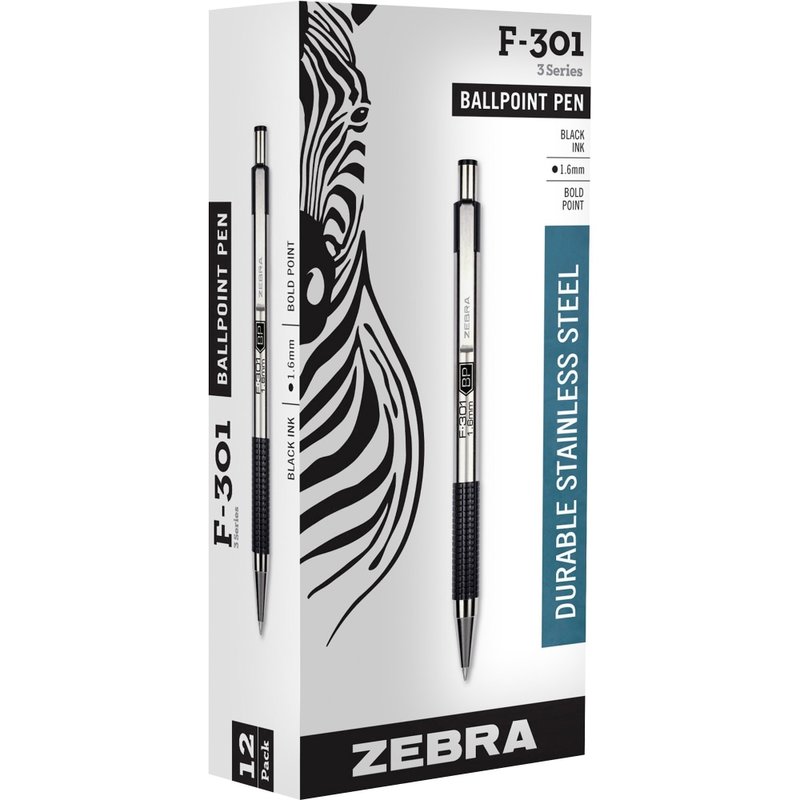 Zebra Pen F-301 Stainless Steel Retractable Ballpoint Pens, Pack Of 12, Bold Point, 1.6 mm, Silver Barrel, Black Ink MPN:27310