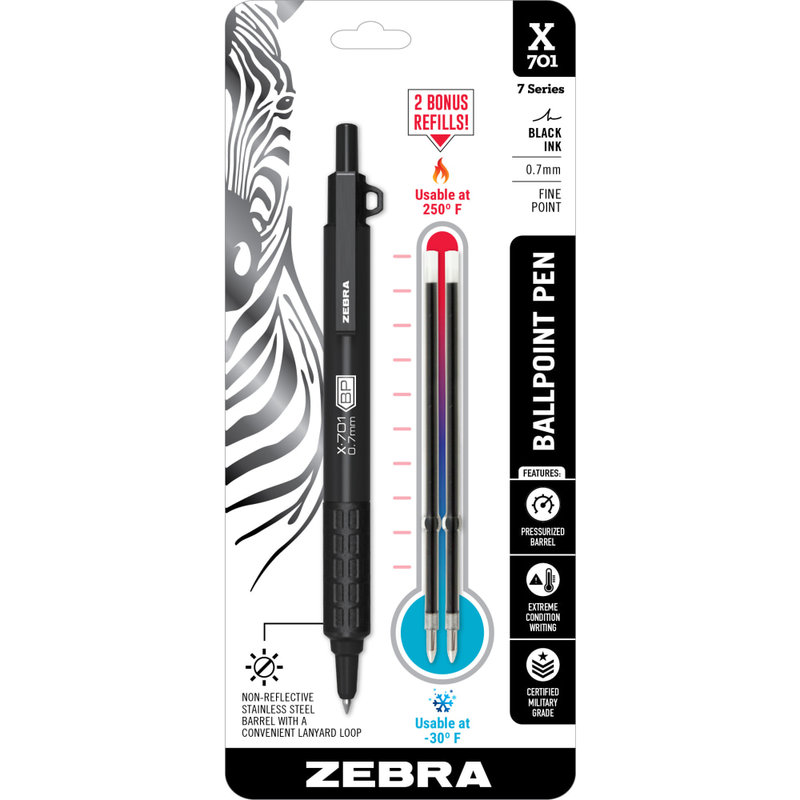 Zebra Pen X-701 Retractable Ballpoint Pen, Fine Point, 0.7 mm, Matte Black Barrel, Black Ink MPN:29811