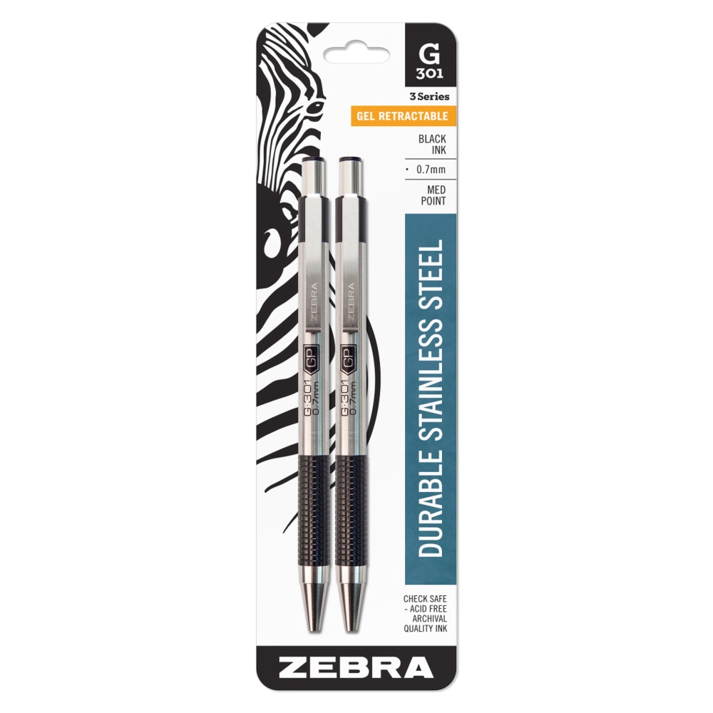 Zebra Pen G-301 Retractable Gel Pens, Pack Of 2, Medium Point, 0.7 mm, Silver Barrel, Black Ink MPN:41312
