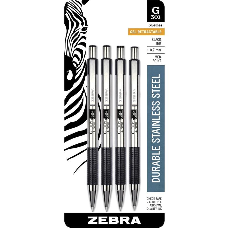 Zebra Pen STEEL 3 Series G-350 Retractable Gel Pens, Pack Of 4, Medium Point, 0.7 mm, Black Barrel, Black Ink MPN:41314
