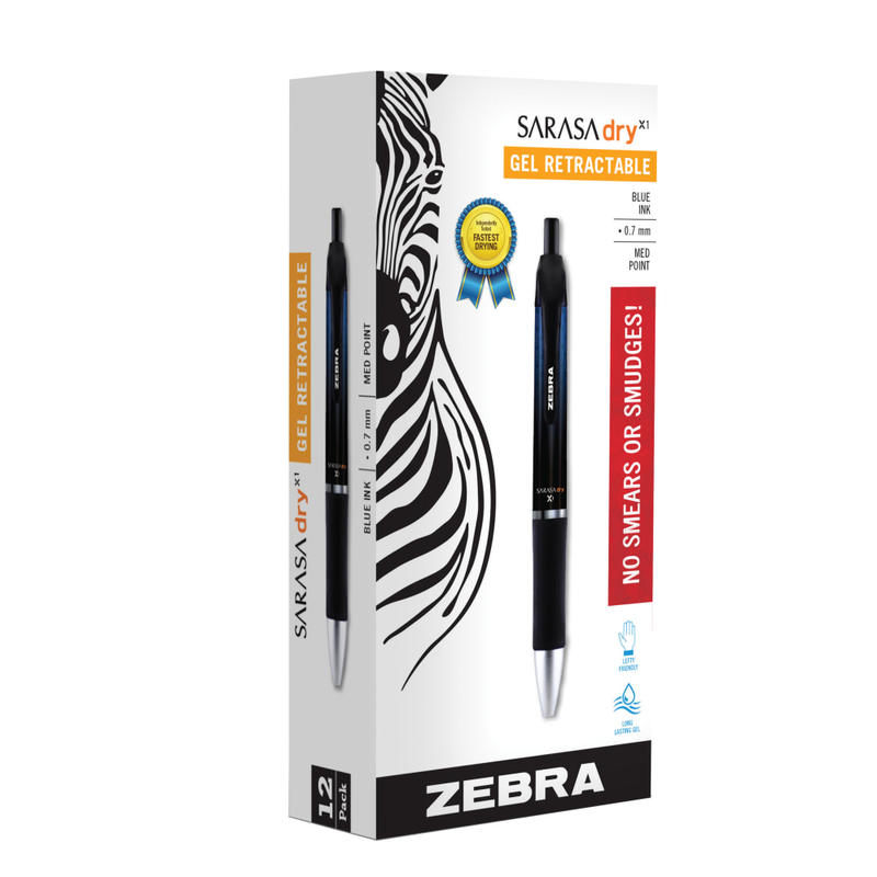 Zebra Pen SARASA Dry X1 Retractable Gel Pens, Pack Of 12, Medium Point, 0.7 mm, Blue Barrel, Blue Ink MPN:45620