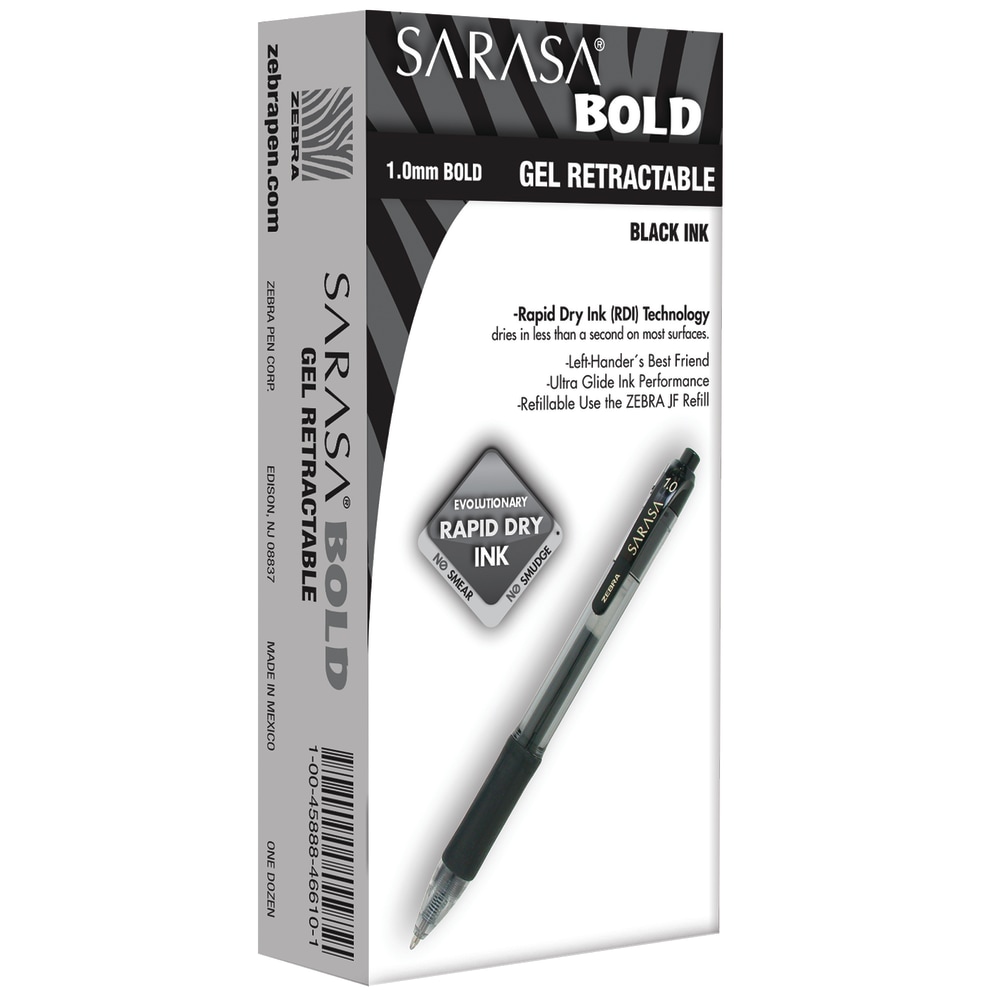 Zebra Pen SARASA Retractable Gel Pens, Pack Of 12, Bold Point, 1.0 mm, Clear Barrel, Black Ink MPN:46610