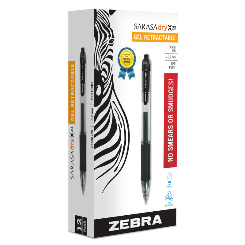 Zebra Pen SARASA Retractable Gel Pens, Pack Of 12, Medium Point, 0.7 mm, Clear Barrel, Black Ink MPN:46810