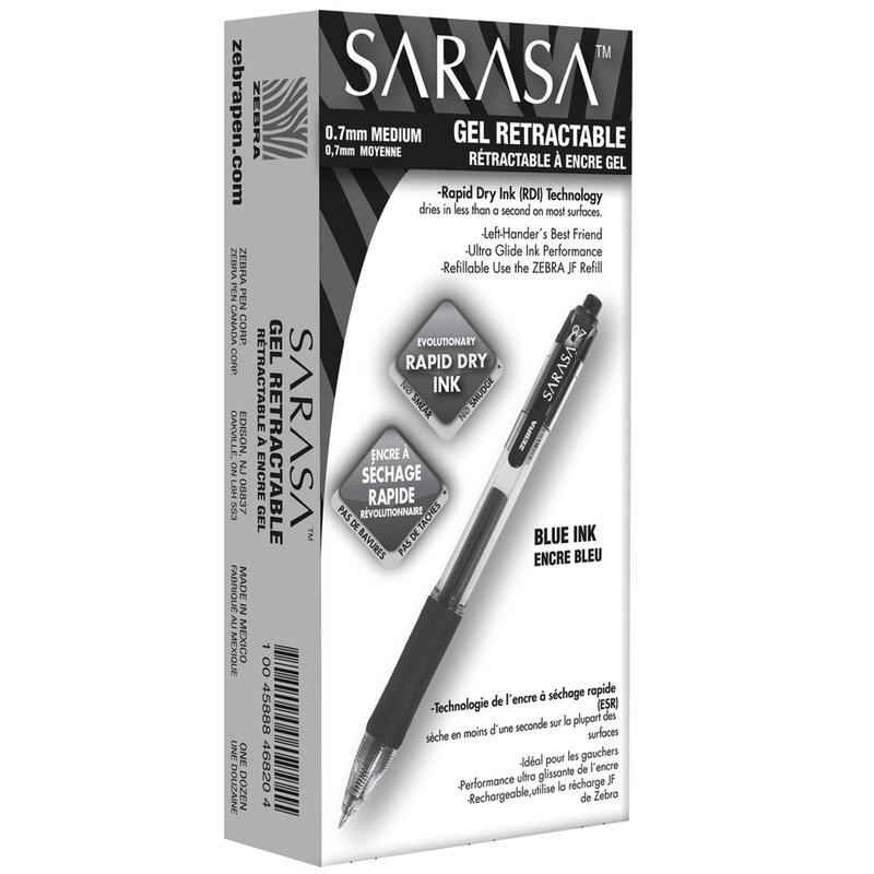 Zebra Pen SARASA Retractable Gel Pens, Pack Of 12, Medium Point, 0.7 mm, Clear Barrel, Blue Ink MPN:46820