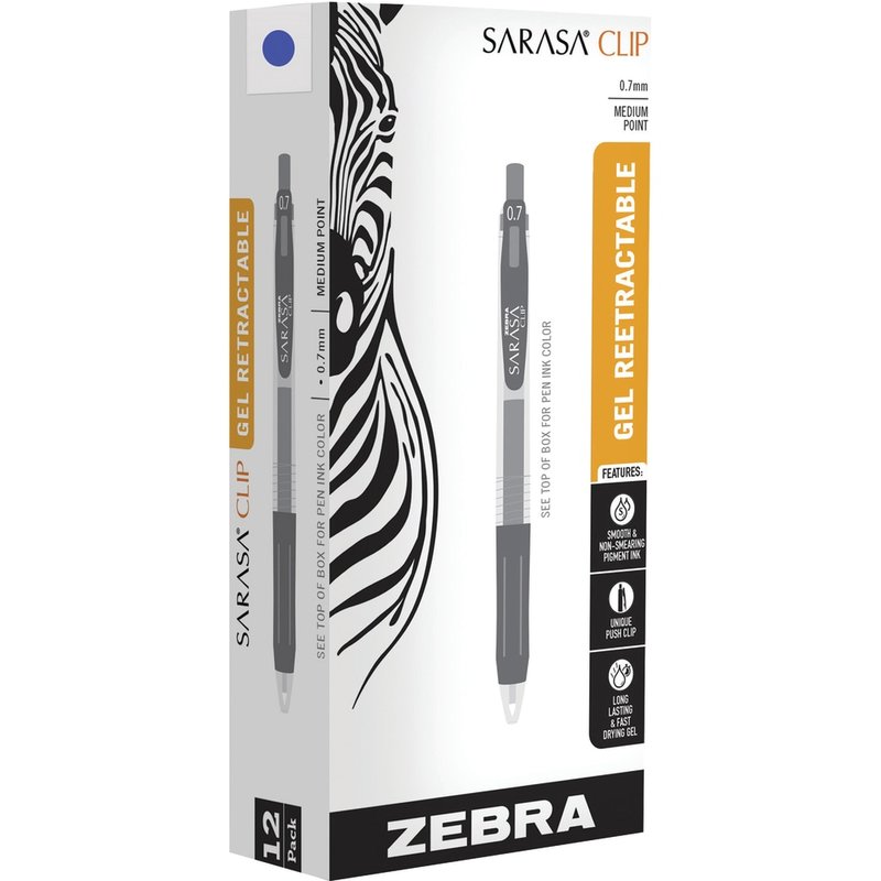 Zebra Pen Sarasa Clip Gel Ink Retractable Pens, 0.7 mm, Medium Point, Clear/Blue Barrel, Blue Ink, Set Of 12 Pens MPN:48720