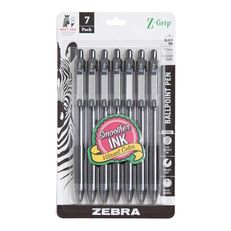 Zebra Pen Z-Grip - Medium Pen Point - 1 mm Pen Point Size - Retractable - Black - Clear Barrel - 7-/ Pack MPN:22271