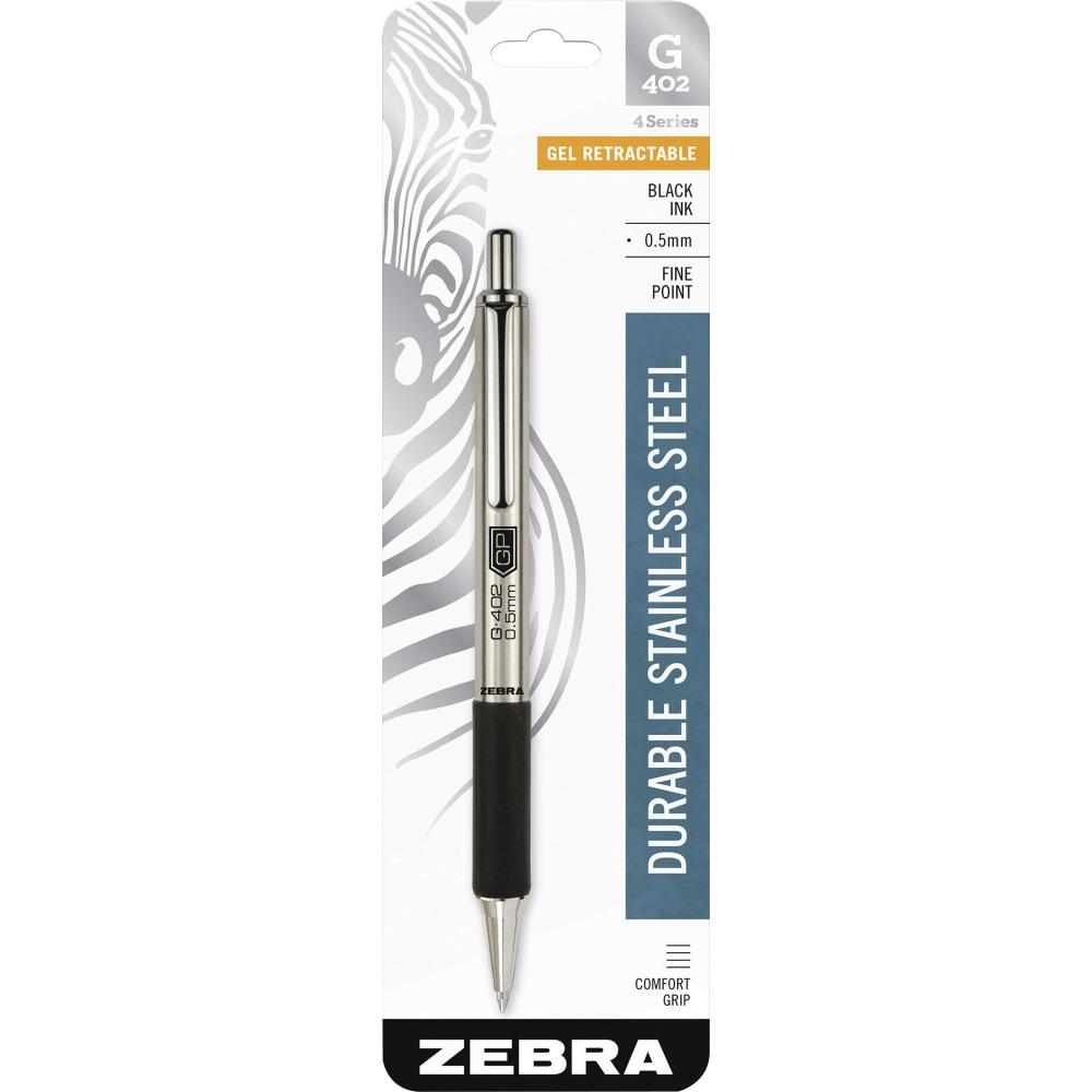 Zebra STEEL 4 Series G-402 Retractable Gel Pen - Retractable - Black Ink - Gel-based - Stainless Steel Barrel - 1 Each MPN:49211