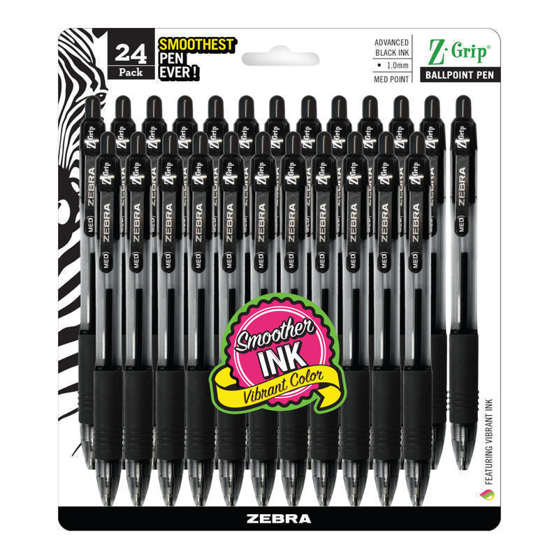 Zebra Pen Z-Grip Retractable Ballpoint Pens, Pack Of 24, Medium Point, 1.0 mm, Clear Barrel, Black Ink MPN:12221