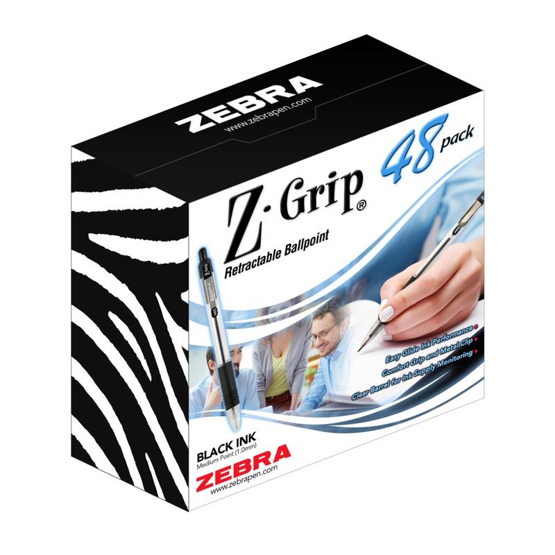 Zebra Pen Z-Grip Retractable Ballpoint Pens, Pack Of 48, Medium Point, 1.0 mm, Clear Barrel, Black Ink MPN:22148