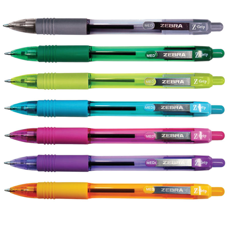 Zebra Pen Z-Grip Retractable Ballpoint Pens, Pack Of 7, Medium Point, 1.0 mm, Translucent Barrel, Assorted Ink Colors MPN:22276