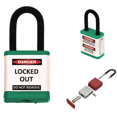 Lockout Padlock, Keyed Alike, Aluminum, Green, 1 1/2 in Shackle Height, 1 1/2 in Body Width MPN:700KA-GREEN