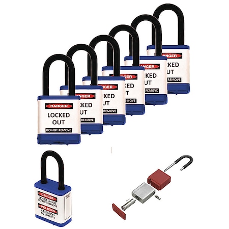 Lockout Padlock, Keyed Alike, Aluminum, Blue, 1 1/2 in Shackle Height, 1 1/2 in Body Width, 6 PK MPN:700KA6-BLUE