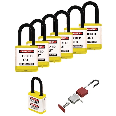 Lockout Padlock, Keyed Alike, Aluminum, Yellow, 1 1/2 in Shackle Height, 1 1/2 in Body Width, 6 PK MPN:700KA6-YELLOW