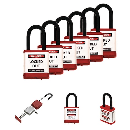 Lockout Padlock, Keyed Different, Aluminum, Red, 1 1/2 in Shackle Height, 1 1/2 in Body Width, 6 PK MPN:700KD-RED-6PK
