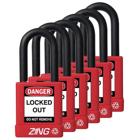 Lockout Padlock, Keyed Alike, Aluminum, Red, 1 1/2 in Shackle Height, 1 1/2 in Body Width, 6 PK MPN:7063