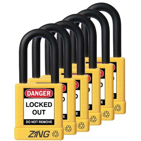 Lockout Padlock, Keyed Alike, Aluminum, Yellow, 1 1/2 in Shackle Height, 1 1/2 in Body Width, 6 PK MPN:7069