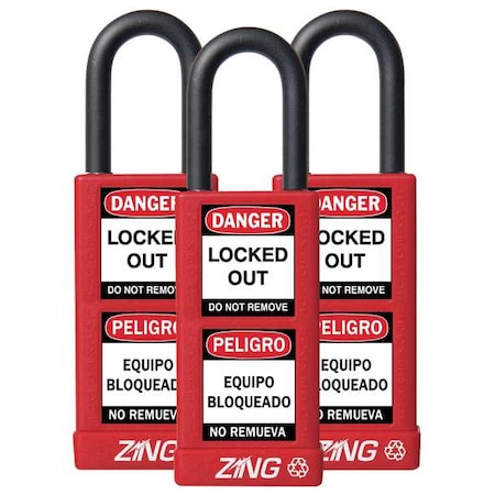 Lockout Padlock, Keyed Alike, Aluminum, Red, 1 1/2 in Shackle Height, 1 1/2 in Body Width, 3 PK MPN:7086