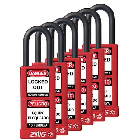 Lockout Padlock, Keyed Alike, Aluminum, Red, 1 1/2 in Shackle Height, 1 1/2 in Body Width, 6 PK MPN:7087