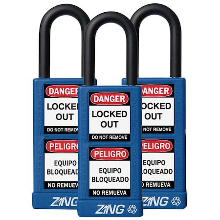 Lockout Padlock, Keyed Alike, Aluminum, Blue, 1 1/2 in Shackle Height, 1 1/2 in Body Width, 3 PK MPN:7088