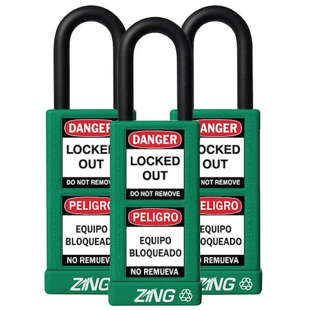 Lockout Padlock, Keyed Alike, Aluminum, Green, 1 1/2 in Shackle Height, 1 1/2 in Body Width, 3 PK MPN:7090