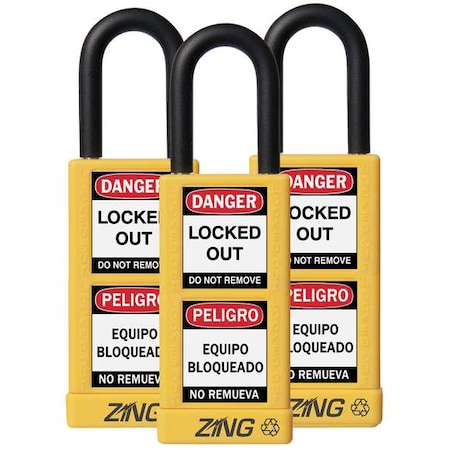 Lockout Padlock, Keyed Alike, Aluminum, Yellow, 1 1/2 in Shackle Height, 1 1/2 in Body Width, 3 PK MPN:7092