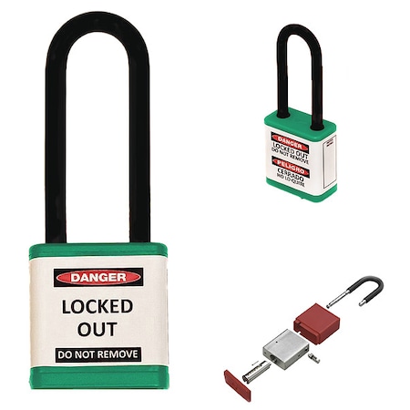 Lockout Padlock, Keyed Different, Aluminum, Green, 3 in Shackle Height, 1 1/2 in Body Width MPN:710KD-GREEN