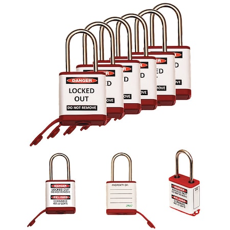 Lockout Padlock, Keyed Alike, Aluminum, Red, 1 1/2 in Shackle Height, 1 1/2 in Body Width, 6 PK MPN:800KA6-RED