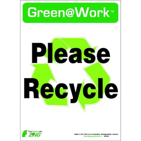 Green at Work, Please Recycle, 10 in W x 7 in H, Horizontal Rectangle, Plastic MPN:0009S