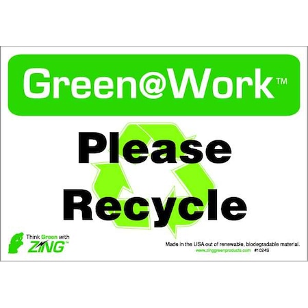 Green at Work, Please Recycle, 10 in W x 7 in H, Horizontal Rectangle, Plastic MPN:1009S