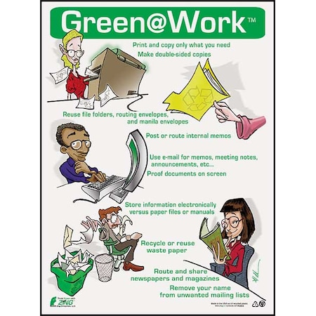 Environmental Awareness Poster, Green at Work, 22 in H x, 16 in W, Plastic MPN:5003