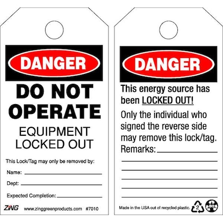 Danger Tag, Plastic, 5 3/4 in H x 3 in W, Black/White, Rectangle, 10 PK MPN:7010