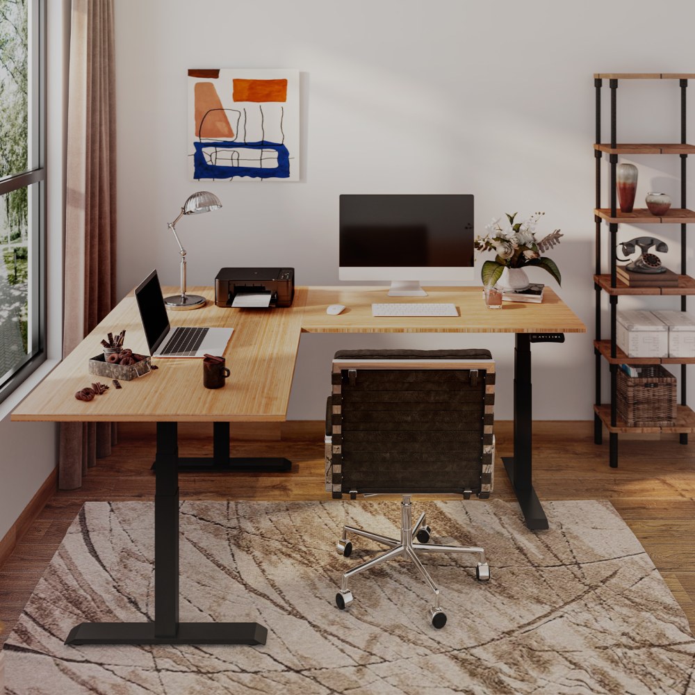 FlexiSpot E7L 76inW L-Shaped Electric Height-Adjustable Standing Desk, Bamboo/Black MPN:E7LB557624BAM