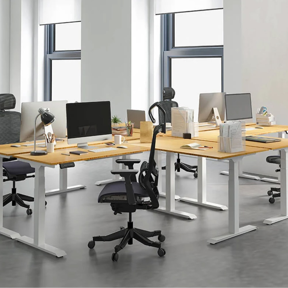 FlexiSpot E7L 76inW L-Shaped Electric Height-Adjustable Standing Desk, Bamboo/White MPN:E7LW557624BAM